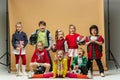 Group of happy children show different sport. Studio fashion concept. Emotions concept. Royalty Free Stock Photo