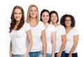 Group of happy different women in white t-shirts Royalty Free Stock Photo