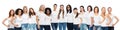 Group of happy different women in white t-shirts