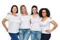 Group of happy different women in white t-shirts