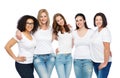 Group of happy different women in white t-shirts