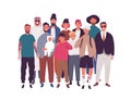 Group of happy diverse man, teenager and boy standing together vector flat illustration. Crowd of multinational male