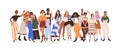 Group of happy diverse women with different skin color, figure types, height and race. Concept of body positivity and