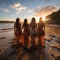 Group of happy friends chatting in front of the sunset with their backs to the camera. Travel, people, leisure and teenager. Royalty Free Stock Photo