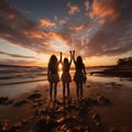 Group of happy friends chatting in front of the sunset with their backs to the camera. Travel, people, leisure and teenager.