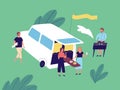 Group of happy friends enjoying outdoor picnic at camping car vector flat illustration. Tourists man and woman cooking