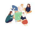 Group of happy friends or family members playing table game together vector flat illustration. Smiling people lying and