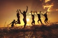 Group of happy friends fun sunset beach Royalty Free Stock Photo