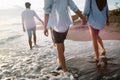 Group of happy friends having fun walking down the beach at sunset Royalty Free Stock Photo