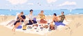 Group of happy friends at picnic on seashore. Young smiling men and women eating food on sandy beach. Cute funny people Royalty Free Stock Photo