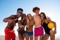 Group of friends playing at beach volley at the beach Royalty Free Stock Photo