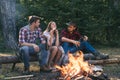 Group of happy friends roasting marshmallows on campfire. Happy young friends having picnic. Vacation weekend picnic Royalty Free Stock Photo