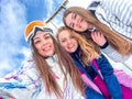 Group of happy friends skier taking selfie hiking mountains. Girls smiling Makes Selfie In Ski Clothing On Snow Mountain Royalty Free Stock Photo