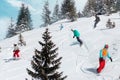 Group of happy friends snowboarders and skiers at ski resort. Winter vacations concept Royalty Free Stock Photo