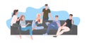 Group of happy friends spending time together men women sitting on sofa having fun