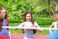 Group of happy girls playing volleyball together Royalty Free Stock Photo