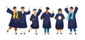 Group of happy graduated students wearing academic dress, gown or robe and graduation cap and holding diploma. Boys and Royalty Free Stock Photo