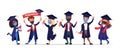 Group of happy graduated students wearing academic gown and masks to prevent coronavirus. Royalty Free Stock Photo