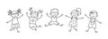 A group of happy jumping kids. Children jump together. Hand drawn children drawing. Vector illustration isolated in Royalty Free Stock Photo