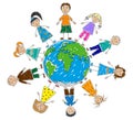 Group of happy kids around planet earth, hand drawn style. Color painted preschool children. Childhood and friendship. Vector Royalty Free Stock Photo