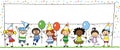 Group of happy kids on birthday party holding white banner with copy space -