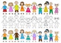 Group of happy kids hand drawn style. Color preschool children holding hands. Kid\'s drawing. Vector illustration Royalty Free Stock Photo