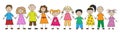 Group of happy kids hand drawn style. Color preschool children holding hands. Vector illustration Royalty Free Stock Photo