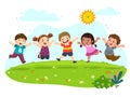 Group of happy kids jumping on summer meadow Royalty Free Stock Photo