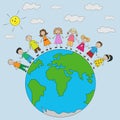 Group of happy kids on planet earth, hand drawn style. Color preschool children. Childhood and friendship. Vector illustration