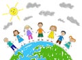 Group of happy kids on planet earth, hand drawn style. Color preschool children. Childhood and friendship. Vector illustration