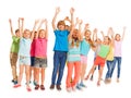 Group of happy kids with raised hands on white Royalty Free Stock Photo