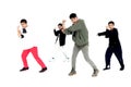 Group of happy kids studying modern style dance in indoor studio classroom with their teacher, children and adult dancing white Royalty Free Stock Photo