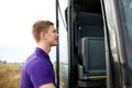 Group of happy male passenger boarding travel bus Royalty Free Stock Photo