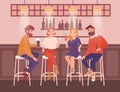 Group of happy men and women dressed in elegant clothing sitting at bar, talking and drinking alcoholic beverages Royalty Free Stock Photo