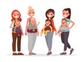 Group of happy mothers with children in baby sling. Moms with kids. Vector illustration Royalty Free Stock Photo