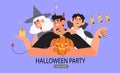 Group of happy people in costumes of witch, devil and vampire celebrate halloween with pumpkin. Halloween party banner