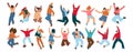 Group of happy people jumping on a white background. Young joyful jumping and dancing multiracial people with raised