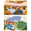 Group of Happy People on Landscape Background Smiling and Cheering Vector Set