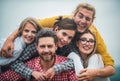 Group of happy people. Smiling friends laughing with thumb up. Company students best friends making selfies. Group young Royalty Free Stock Photo