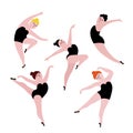 Happy plus size dancing girls set. Body positive concept vector illustration.