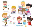 Group of happy school kids in classroom,children`s activity in the kindergarten, reading books, playing, education,Vector