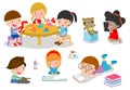Group of happy school kids in classroom,children`s activity in the kindergarten, reading books, playing, education,Vector Royalty Free Stock Photo
