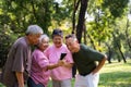 Group of happy Senior Retirement Using Smartphone and laughing outdoors at the park after a workout and spending time together, Royalty Free Stock Photo