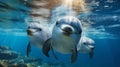 Group of happy smiling dolphins swim underwater in sea, ocean under water life. Theme of wildlife, wild animal, travel, nature