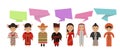 Group of happy smiling kids speaking together. Girls and boys with speech bubbles in different languages map Royalty Free Stock Photo