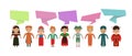 Group of happy smiling kids speaking together. Girls and boys with speech bubbles in different languages map Royalty Free Stock Photo