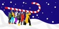 Group of happy smiling people, friends walking on snow and carrying giant candy. Contemporary art collage. Poster