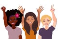 Group of happy smiling women of different race together holding hands up with piece sign, fist, open palm. Flat style illustration