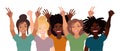 Group of happy smiling women of different race together holding hands up with piece sign, fist, open palm. Flat style illustration