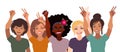 Group of happy smiling women of different race together holding hands up with piece sign, fist, open palm. Flat style illustration